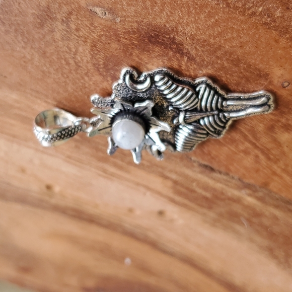 New Rainbow Moonstone 925 Silver Luna Moth Double Crescent Moon Pendant. - Picture 4 of 11